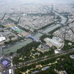 PARIS, FRANCE - JULY 26: In this aerial view taken from a helicopter shows the Eiffel Tower (rear C), and the Grand Palais (front R) during the opening ceremony of the Olympic Games Paris 2024 on July 26, 2024 in Paris, France. (Photo by Lionel Bonaventure - Pool/Getty Images)