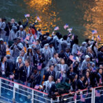 PARIS, FRANCE - JULY 26: Team United States are seen on a boat on the River Seine during the opening ceremony of the Olympic Games Paris 2024 on July 26, 2024 in Paris, France. (Photo by Maddie Meyer/Getty Images)