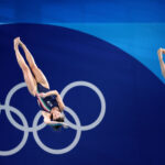 PARIS, FRANCE - JULY 27: Elena Bertocchi and Chiara Pellacani of Team Italy compete in the Women's Synchronised 3m Springboard Final on day one of the Olympic Games Paris 2024 at Aquatics Centre on July 27, 2024 in Paris, France. (Photo by Sarah Stier/Getty Images)