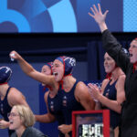 PARIS, FRANCE - JULY 27: Members of Team United States celebrate a goal during the Women's Preliminary Round - Group B match between Team Greece and Team United States on day one of the Olympic Games Paris 2024 at Aquatics Centre on July 27, 2024 in Paris, France. (Photo by Clive Rose/2024 Getty Images)