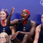 PARIS, FRANCE - JULY 27: Ashleigh Johnson (C) of Team United States reacts during the Women's Preliminary Round - Group B match between Team Greece and Team United States on day one of the Olympic Games Paris 2024 at Aquatics Centre on July 27, 2024 in Paris, France. (Photo by Clive Rose/2024 Getty Images)