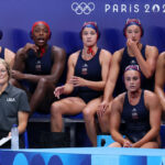 PARIS, FRANCE - JULY 27: Ashleigh Johnson (2nd L) of Team United States reacts during the Women's Preliminary Round - Group B match between Team Greece and Team United States on day one of the Olympic Games Paris 2024 at Aquatics Centre on July 27, 2024 in Paris, France. (Photo by Clive Rose/2024 Getty Images)