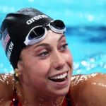 NANTERRE, FRANCE - JULY 27: Gretchen Walsh of Team United States reacts after competing in the Women's 100m Butterfly Semifinals on day one of the Olympic Games Paris 2024 at Paris La Defense Arena on July 27, 2024 in Nanterre, France. (Photo by Al Bello/Getty Images)