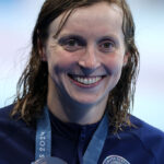 NANTERRE, FRANCE - JULY 27: Bronze Medalist, Katie Ledecky  of Team United States poses with her medal following the Medal Ceremony after the Women's 400m Freestyle Final on day one of the Olympic Games Paris 2024 at Paris La Defense Arena on July 27, 2024 in Nanterre, France. (Photo by Al Bello/Getty Images)