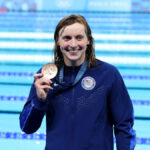 NANTERRE, FRANCE - JULY 27: Bronze Medalist, Katie Ledecky  of Team United States poses with her medal following the Medal Ceremony after the Women's 400m Freestyle Final on day one of the Olympic Games Paris 2024 at Paris La Defense Arena on July 27, 2024 in Nanterre, France. (Photo by Sarah Stier/Getty Images)