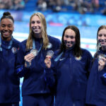 NANTERRE, FRANCE - JULY 27: Silver Medalists, Kate Douglass, Gretchen Walsh, Torri Huske and Simone Manuel of Team United States pose with their medals following the Medal Ceremony after the Women's 4x100m Freestyle Relay Final on day one of the Olympic Games Paris 2024 at Paris La Defense Arena on July 27, 2024 in Nanterre, France. (Photo by Al Bello/Getty Images)