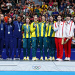 NANTERRE, FRANCE - JULY 27: Silver Medalists of Team United States, Gold Medalists of Team Australia and Bronze Medalists of Team People's Republic of China pose with their medals during the Medal Ceremony after the Women's 4x100m Freestyle Relay Final on day one of the Olympic Games Paris 2024 at Paris La Defense Arena on July 27, 2024 in Nanterre, France. (Photo by Maddie Meyer/Getty Images)