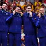 NANTERRE, FRANCE - JULY 27: Gold Medalists, Jack Alexy, Chris Guiliano, Hunter Armstrong and Caeleb Dressel of Team United States pose with their medals during the Medal Ceremony after the Men's 4x100m Freestyle Relay Final on day one of the Olympic Games Paris 2024 at Paris La Defense Arena on July 27, 2024 in Nanterre, France. (Photo by Maddie Meyer/Getty Images)