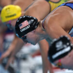 NANTERRE, FRANCE - JULY 27: Katie Ledecky of Team United States prepares to compete in the Women's 400m Freestyle Heats on day one of the Olympic Games Paris 2024 at Paris La Defense Arena on July 27, 2024 in Nanterre, France. (Photo by Al Bello/Getty Images)