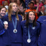 NANTERRE, FRANCE - JULY 27: Silver Medalists, Kate Douglass, Gretchen Walsh, Torri Huske and Simone Manuel of Team United States pose with their medals during the Medal Ceremony after the Women's 4x100m Freestyle Relay Final on day one of the Olympic Games Paris 2024 at Paris La Defense Arena on July 27, 2024 in Nanterre, France. (Photo by Maddie Meyer/Getty Images)