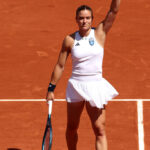 PARIS, FRANCE - JULY 28: Maria Sakkari of Team Greece celebrates after winning match point against Danka Kovinic of Team Montenegro during the Women’s Singles first round match on day two of the Olympic Games Paris 2024 at Roland Garros on July 28, 2024 in Paris, France. (Photo by Matthew Stockman/Getty Images)