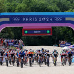 ELANCOURT, FRANCE - JULY 28: A general view of the peloton prior to the Women’s Cross-Country Cycling Mountain Bike Gold Medal race on day two of the Olympic Games Paris 2024 at Elancourt Hill on July 28, 2024 in Elancourt, France. (Photo by Jared C. Tilton/Getty Images)