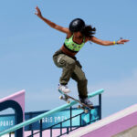 PARIS, FRANCE - JULY 28: Rayssa Leal of Team Brazil competes at at tricks round during the Women's Street Prelims on day two of the Olympic Games Paris 2024 at Place de la Concorde on July 28, 2024 in Paris, France. (Photo by Lars Baron/Getty Images)