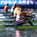 PARIS, FRANCE - JULY 28: Javier Insfran of Team Paraguay competes during the Men’s Single Sculls Repechages on day two of the Olympic Games Paris 2024 at Vaires-Sur-Marne Nautical Stadium on July 28, 2024 in Paris, France. (Photo by Francois Nel/Getty Images)