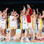 LILLE, FRANCE - JULY 28: Members of Team Spain celebrate victory during the Women's Group Phase - Group A match between People's Republic of China and Team Spain during day two of the Olympic Games Paris 2024 at Stade Pierre Mauroy on July 28, 2024 in Lille, France. (Photo by Gregory Shamus/Getty Images)