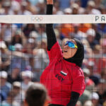 PARIS, FRANCE - JULY 28: Doaa Elghobashy of Team Egypt attacks the net during the Women's Preliminary Phase - Pool A match against Team Brazil on day two of the Olympic Games Paris 2024 at Eiffel Tower Stadium on July 28, 2024 in Paris, France. (Photo by Cameron Spencer/Getty Images)