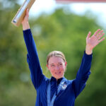 ELANCOURT, FRANCE - JULY 28: Silver medalist Haley Batten of Team United States poses on the podium during the Women’s Cross-Country Cycling Mountain Bike Gold Medal race on day two of the Olympic Games Paris 2024 at Elancourt Hill on July 28, 2024 in Elancourt, France. (Photo by Tim de Waele/Getty Images)