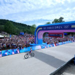 ELANCOURT, FRANCE - JULY 28: Pauline Ferrand Prevot of Team France celebrates winning gold as she crosses the finish line during the Women’s Cross-Country Cycling Mountain Bike Gold Medal race on day two of the Olympic Games Paris 2024 at Elancourt Hill on July 28, 2024 in Elancourt, France. (Photo by Jared C. Tilton/Getty Images)