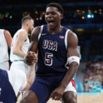 LILLE, FRANCE - JULY 28: Anthony Edwards #5 of Team United States reacts during the second half of the Men's Group Phase - Group C game between Serbia and the United States on day two of the Olympic Games Paris 2024 at Stade Pierre Mauroy on July 28, 2024 in Lille, France. (Photo by Gregory Shamus/Getty Images)