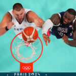 LILLE, FRANCE - JULY 28: (EDITORS NOTE: Image was captured using a remote camera positioned above the field of play) Nikola Jokic #15 of Team Serbia and Lebron James #6 of Team United States fight for a rebound during the second half of the Men's Group Phase - Group C game between Serbia and the United States on day two of the Olympic Games Paris 2024 at Stade Pierre Mauroy on July 28, 2024 in Lille, France. (Photo by Pool/Getty Images)