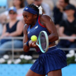 PARIS, FRANCE - JULY 28: Coco Gauff of Team United States plays a backhand against Ajla Tomljanovic of Team Australia during the Women’s Singles first round match on day two of the Olympic Games Paris 2024 at Roland Garros on July 28, 2024 in Paris, France. (Photo by Matthew Stockman/Getty Images)