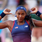 PARIS, FRANCE - JULY 28: Coco Gauff of Team United States celebrates after winning match point against Ajla Tomljanovic of Team Australia during the Women’s Singles first round match on day two of the Olympic Games Paris 2024 at Roland Garros on July 28, 2024 in Paris, France. (Photo by Matthew Stockman/Getty Images)