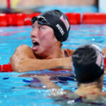 NANTERRE, FRANCE - JULY 28: Torri Huske of Team United States reacts after winning gold in the Women’s 100m Butterfly Final on day two of the Olympic Games Paris 2024 at Paris La Defense Arena on July 28, 2024 in Nanterre, France. (Photo by Sarah Stier/Getty Images)