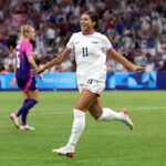 MARSEILLE, FRANCE - JULY 28: Sophia Smith #11 of Team United States celebrates scoring her team's first goal during the Women's group B match between United States and Germany during the Olympic Games Paris 2024 at Stade de Marseille on July 28, 2024 in Marseille, France. (Photo by Alex Livesey/Getty Images)