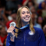 NANTERRE, FRANCE - JULY 28: Silver Medalist Gretchen Walsh of Team United States poses on the podium during the Swimming medal ceremony after the Women’s 100m Butterfly Final on day two of the Olympic Games Paris 2024 at Paris La Defense Arena on July 28, 2024 in Nanterre, France. (Photo by Quinn Rooney/Getty Images)