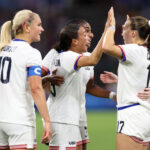 MARSEILLE, FRANCE - JULY 28: Mallory Swanson #9 of Team United States celebrates scoring her team's second goal with teammates during the Women's group B match between United States and Germany during the Olympic Games Paris 2024 at Stade de Marseille on July 28, 2024 in Marseille, France. (Photo by Alex Livesey/Getty Images)