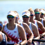 PARIS, FRANCE - JULY 29: Team United States prepares for start in the Rowing Women's Eight heat on day three of the Olympic Games Paris 2024 at Vaires-Sur-Marne Nautical Stadium on July 29, 2024 in Paris, France. (Photo by Alex Davidson/Getty Images)