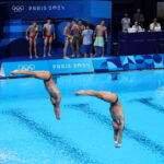 PARIS, FRANCE - JULY 29: Kevin Berlin Reyes and Randal Willars Valdez of Team Mexico compete in the Men’s Synchronised 10m Platform Final on day three of the Olympic Games Paris 2024 at Aquatics Centre on July 29, 2024 in Paris, France. (Photo by Maja Hitij/Getty Images)