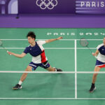 PARIS, FRANCE - JULY 29: Jennie Gai and Vinson Chiu of Team United States compete during the Mixed Doubles Group Play Stage - Group D match between Team Singapore and Team United States on day three of the Olympic Games Paris 2024 at Porte de La Chapelle Arena on July 29, 2024 in Paris, France. (Photo by Ezra Shaw/Getty Images)