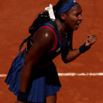 PARIS, FRANCE - JULY 29: Coco Gauff of Team United States celebrates after winning the first set against Maria Lourdes Carle of Tem Argentina during the Women's Singles second round match on day three of the Olympic Games Paris 2024 at Roland Garros on July 29, 2024 in Paris, France. (Photo by Matthew Stockman/Getty Images)