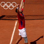 PARIS, FRANCE - JULY 29: Novak Djokovic of Team Serbia celebrates winning against Rafael Nadal of Team Spain during the Men's Singles second round match on day three of the Olympic Games Paris 2024 at Roland Garros on July 29, 2024 in Paris, France. (Photo by Matthew Stockman/Getty Images)