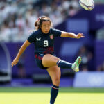 PARIS, FRANCE - JULY 29: Alena Olsen #9 of Team United States kicks a conversion during the Women's Rugby Sevens Pool C match between France and United States on day three of the Olympic Games Paris 2024 at Stade de France on July 29, 2024 in Paris, France. (Photo by Michael Steele/Getty Images)