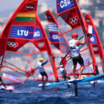 MARSEILLE, FRANCE - JULY 29: Sam Sills of Team Great Britain competes in the Men's Windsurfing on day three of the Olympic Games Paris 2024 at Marseille Marina on July 29, 2024 in Marseille, France. (Photo by Phil Walter/Getty Images)