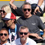 PARIS, FRANCE - JULY 29: (L to R) Catherine Goodman looks on as she watches competition with Husband American Skateboarder Tony Hawk during the Men's Street Finals on day three of the Olympic Games Paris 2024 at Place de la Concorde on July 29, 2024 in Paris, France. (Photo by Arturo Holmes/Getty Images)