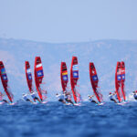 MARSEILLE, FRANCE - JULY 29: Women's Windsurfing fleet compete on day three of the Olympic Games Paris 2024 at Marseille Marina on July 29, 2024 in Marseille, France. (Photo by Alex Livesey/Getty Images)