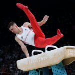 PARIS, FRANCE - JULY 29: Max Whitlock of Team Great Britain competes on the pommel horse during the Artistic Gymnastics Men's Team Final on day three of the Olympic Games Paris 2024 at Bercy Arena on July 29, 2024 in Paris, France. (Photo by Jamie Squire/Getty Images)