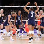 PARIS, FRANCE - JULY 29: Team United States athletes react during the Women's Preliminary Round - Pool A match between the United States and China on day three of the Olympic Games Paris 2024 at Paris Arena on July 29, 2024 in Paris, France. (Photo by Christian Petersen/Getty Images)