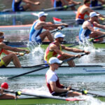 PARIS, FRANCE - JULY 30: Stefan Constantin Berariu, Sergiu Vasile Bejan, Andrei Mandrila and Ciprian Tudosa of Team Romani compete in the Rowing Men's Four Repechage on day four of the Olympic Games Paris 2024 at Vaires-Sur-Marne Nautical Stadium on July 30, 2024 in Paris, France. (Photo by Alex Davidson/Getty Images)