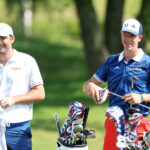 PARIS, FRANCE - JULY 30: Scottie Scheffler of Team United States interacts with his caddie, Ted Scott on the third green during a practice round ahead of the Men's Individual Stroke Play on day four of the Olympic Games Paris 2024 at Le Golf National on July 30, 2024 in Paris, France. (Photo by Kevin C. Cox/Getty Images)