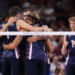 PARIS, FRANCE - JULY 30: Players of Team United States celebrate during the Men's Preliminary Round - Pool C match between Team United States and Team Germany on day four of the Olympic Games Paris 2024 at Paris Arena on July 30, 2024 in Paris, France. (Photo by Christian Petersen/Getty Images)