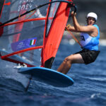 MARSEILLE, FRANCE - JULY 30: Nicolo Renna of Team Italy competes in the Men's Windsurf iQFoil class race on day four of the Olympic Games Paris 2024 at Marseille Marina on July 30, 2024 in Marseille, France. (Photo by Clive Mason/Getty Images)