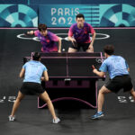 PARIS, FRANCE - JULY 30: Athletes from Team Republic of Korea and Team Hong Kong, compete during the Bronze Medal match between Team Republic of Korea and Team Hong Kong on day four of the Olympic Games Paris 2024 at South Paris Arena on July 30, 2024 in Paris, France. (Photo by Jared C. Tilton/Getty Images)