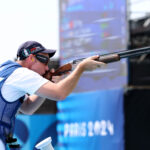 CHATEAUROUX, FRANCE - JULY 30: Jean Pierre Brol Cardenas of Team Guatemala competes in the Men’s Trap Final on day four of the Olympic Games Paris 2024 at Chateauroux Shooting Centre on July 30, 2024 in Chateauroux, France. (Photo by Charles McQuillan/Getty Images)