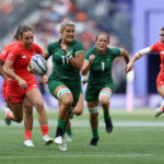 PARIS, FRANCE - JULY 30: Erin King #11 of Team Ireland makes a break during the Women's Rugby Sevens Placing 7-8 match between Team Great Britain and Team Ireland on day four of the Olympic Games Paris 2024 at Stade de France on July 30, 2024 in Paris, France. (Photo by Cameron Spencer/Getty Images)