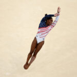 PARIS, FRANCE - JULY 30: Simone Biles of Team United States competes in the floor exercise during the Artistic Gymnastics Women's Team Final on day four of the Olympic Games Paris 2024 at Bercy Arena on July 30, 2024 in Paris, France. (Photo by Patrick Smith/Getty Images)