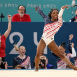 PARIS, FRANCE - JULY 30: Simone Biles of Team United States reacts after competing in the floor exercise during the Artistic Gymnastics Women's Team Final on day four of the Olympic Games Paris 2024 at Bercy Arena on July 30, 2024 in Paris, France. (Photo by Jamie Squire/Getty Images)